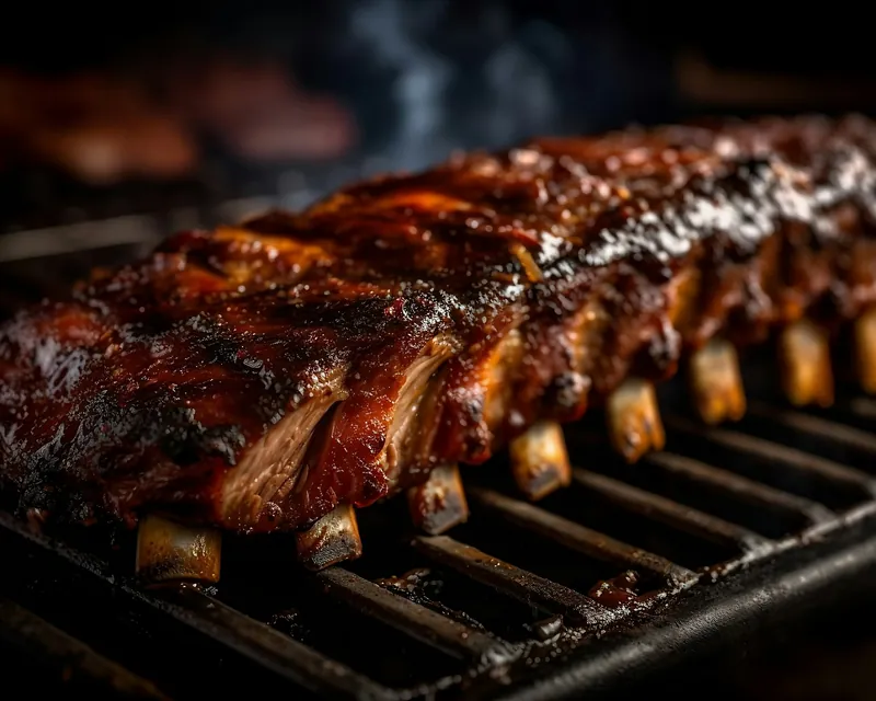 A rack of glazed pork ribs on the smoker grate