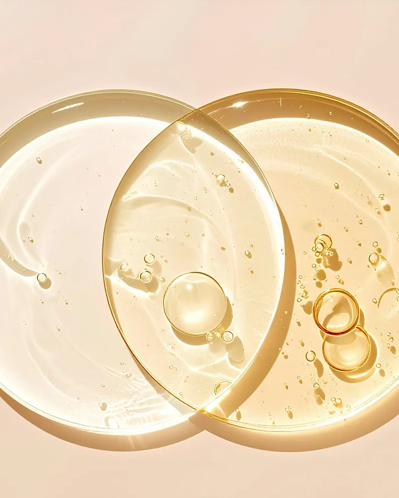 Two pools of clear and golden facial serum on a soft blush background